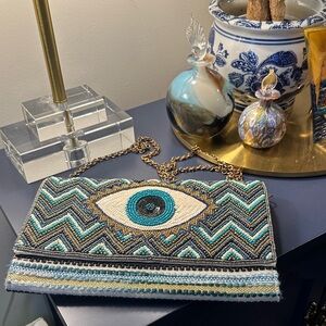 Beaded Evil Eye Pattern Clutch - Blue and Gold